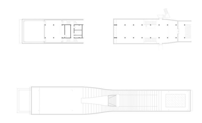 Floor plans and roof plan showing a narrow rectangular volume with interior partitions and outdoor terrace