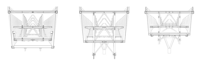 Transverse section drawings showing three variations of the triangulated truss system and roof assembly