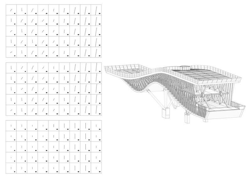 Structural diagrams and axonometric view illustrating the roof truss geometry and column grid configuration