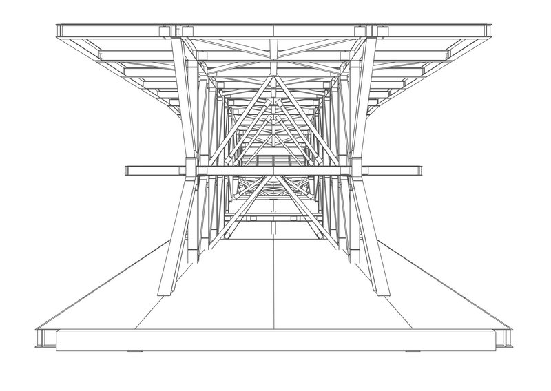 Section drawing showing diagonal bracing and truss structure spanning between cantilevered platforms on either side