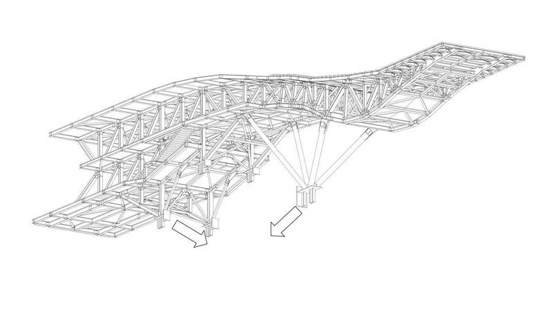 Axonometric drawing of curved roof structure with exposed triangular trusses supported by branching columns