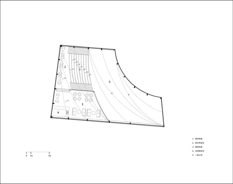 Floor plan drawing with curved auditorium seating, stage platform, and support spaces along left edge
