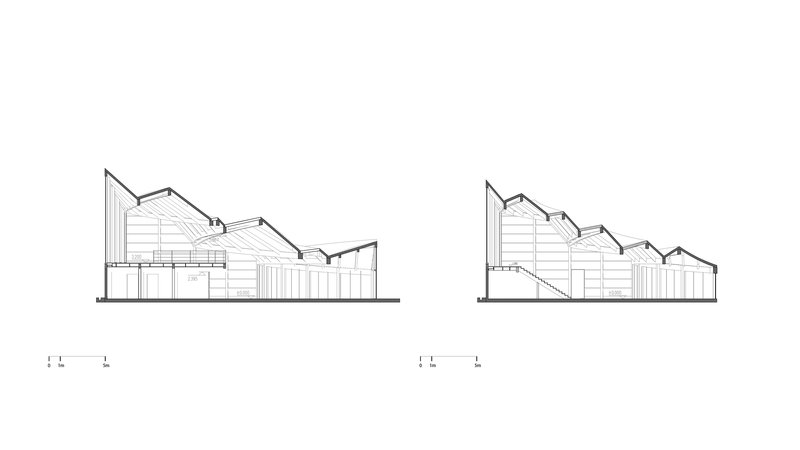 Two sectional drawings revealing cascading roofline over interior spaces with seating tiers and structural framework