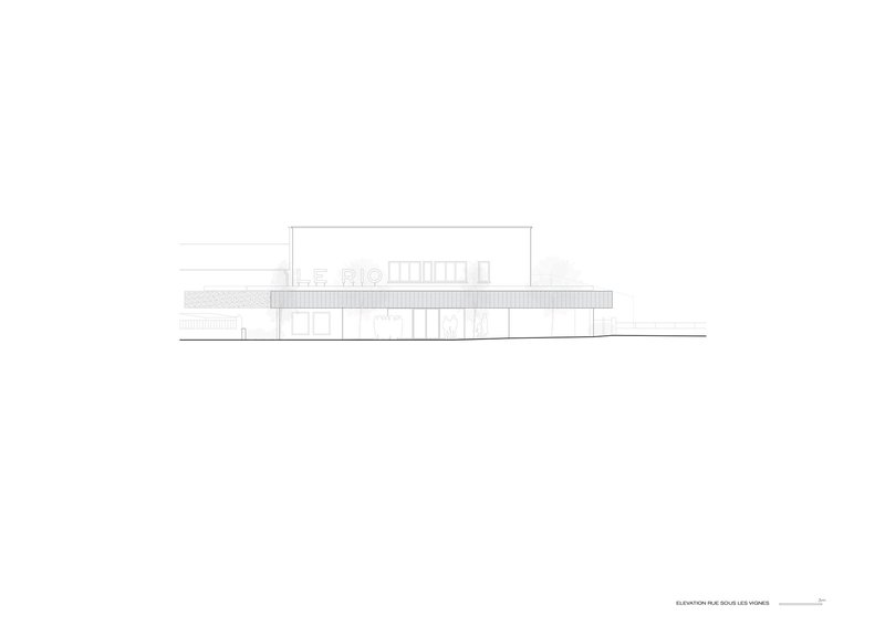 Elevation drawing showing a horizontal two-story volume with vertical window openings and horizontal banding