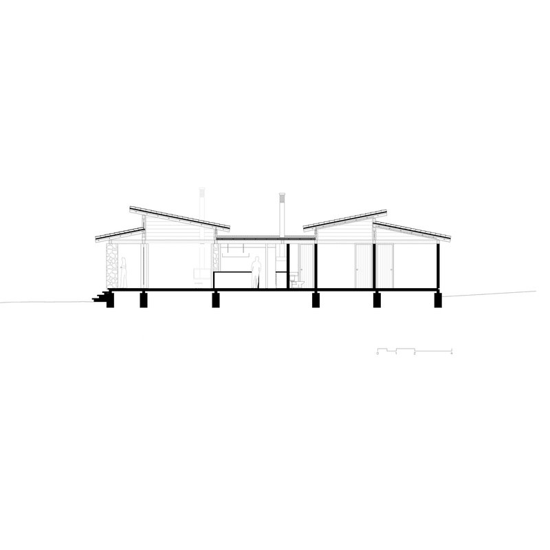 Transverse section drawing showing the split gable roof structure elevated on pier foundations