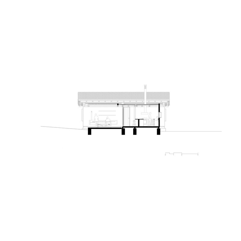 Section drawing showing interior spaces with exposed timber roof structure and concrete column foundations
