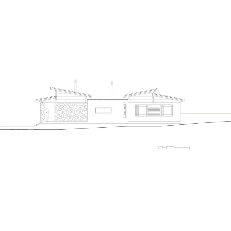 Elevation drawing showing two gabled roof volumes with stone wall and central horizontal window