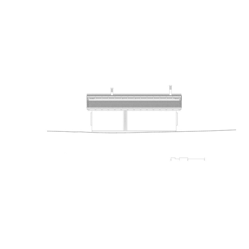 Elevation drawing of a raised volume with layered roof assembly and slender support columns