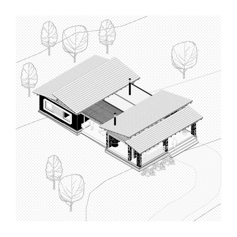 Axonometric drawing of L-shaped residence with corrugated roofs surrounded by stylized trees on sloped site