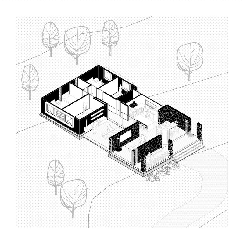 Axonometric drawing showing an L-shaped building with interior rooms and textured exterior walls among stylized trees