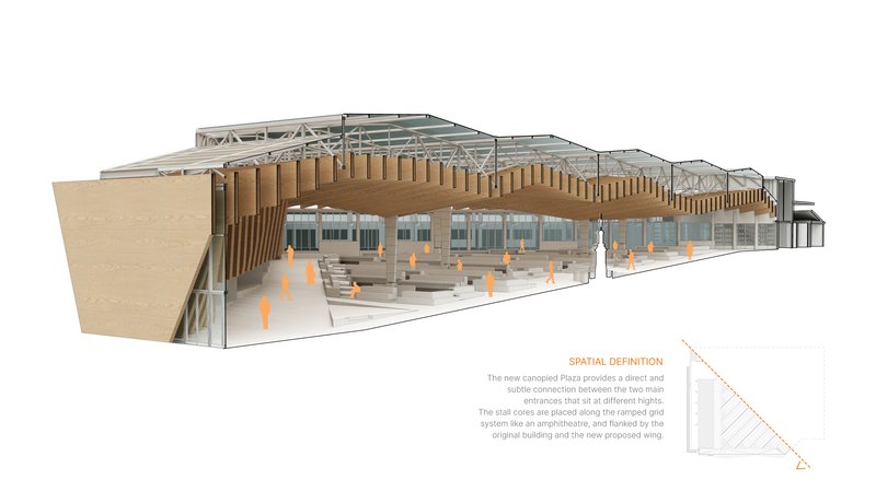 Axonometric cutaway showing the timber-clad interior volume with stepped seating and occupants in orange