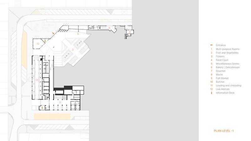 Floor plan drawing at level minus one showing room layouts and circulation patterns