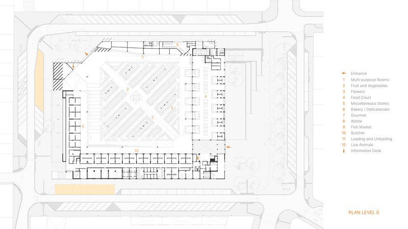 Ground floor plan drawing showing the main market hall with diagonal circulation axes
