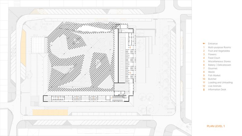 First level floor plan showing hatched courtyards and a linear bar of programmed rooms