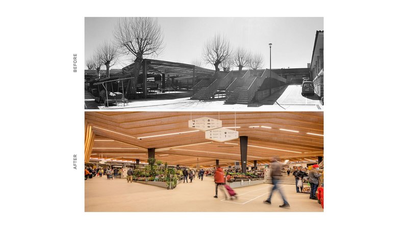 Before and after comparison showing the exterior with bare winter trees and interior with timber ceiling