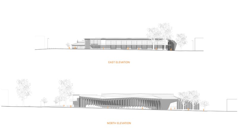 East and north elevation drawings showing the low horizontal profile with surrounding trees
