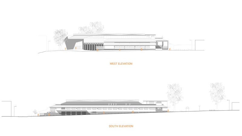 West and south elevation drawings depicting the layered massing with stepped roof forms