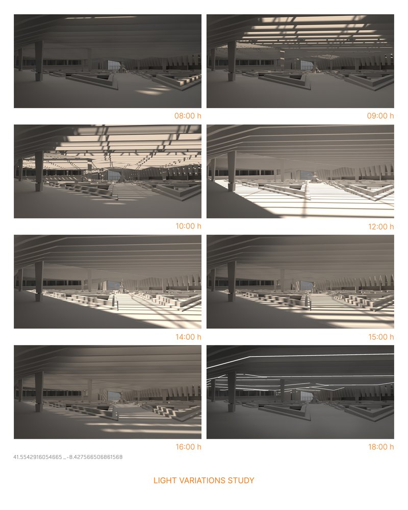 Light study rendering showing interior hall conditions from early morning through evening hours