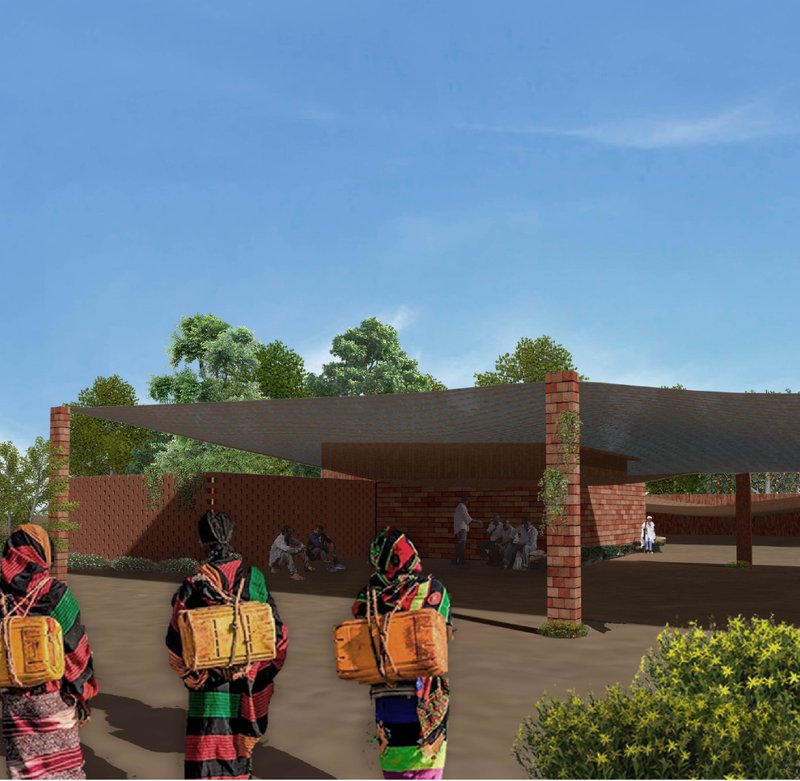 Visitors approach the chapel through shaded brick pergolas that merge worship, forest protection, and community gathering.