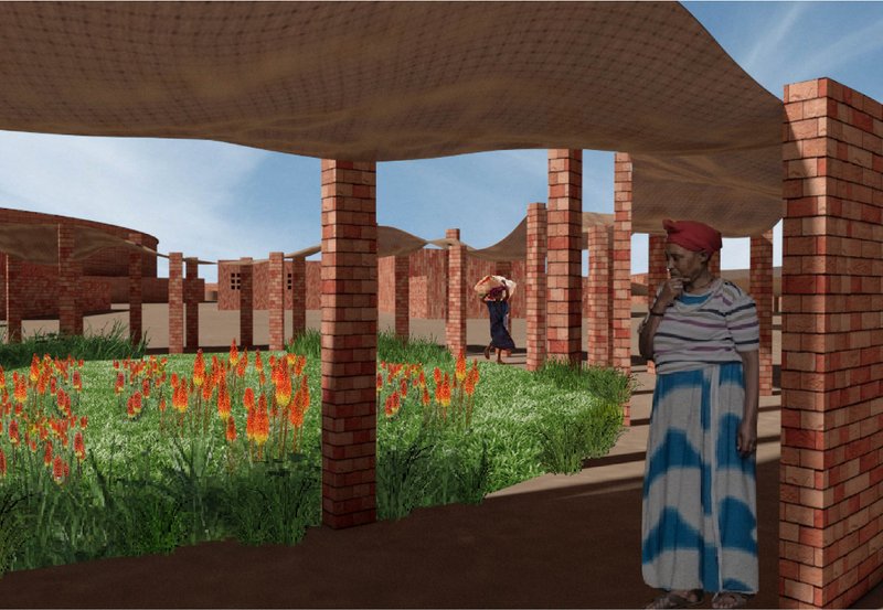 Brick columns and soft canopy structures create shaded garden paths for rest, movement, and ecological growth.