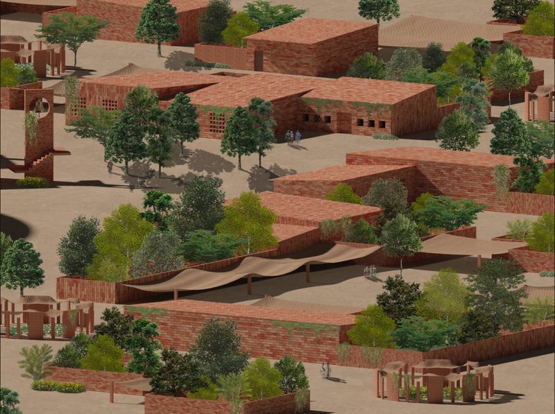 Aerial view showing the chapel complex as a network of brick volumes, planted courtyards, and shaded public spaces.