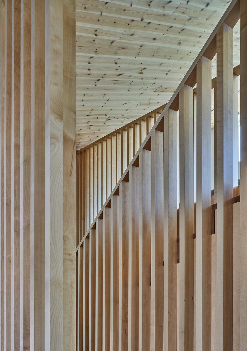 Close-up of vertical timber slat screen below a plywood plank ceiling with exposed beams