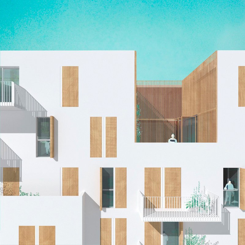 Section drawing showing courtyard volumes with white walls, timber panels, and planted balconies