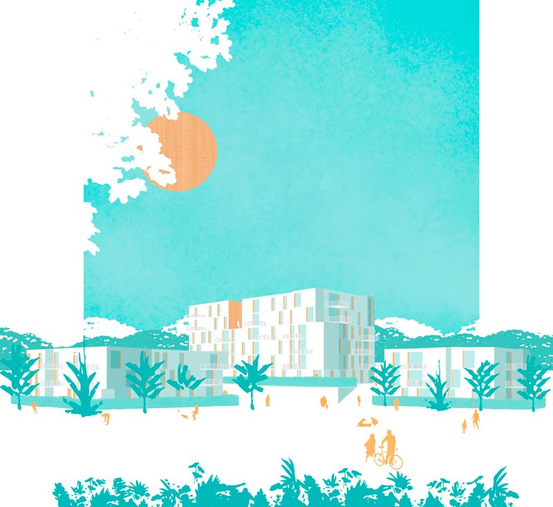 Elevation rendering showing white housing blocks with scattered timber panels beneath a turquoise sky and sun