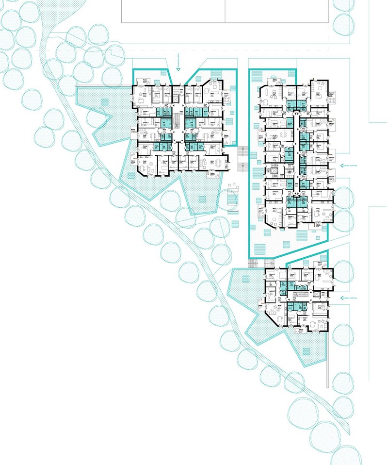 Site plan drawing showing three residential buildings surrounded by pathways and tree circles in landscaped grounds