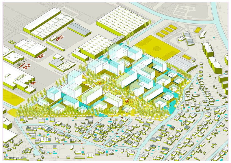 Axonometric site drawing showing mixed-use blocks with green roofs and courtyards among existing low-rise neighborhoods