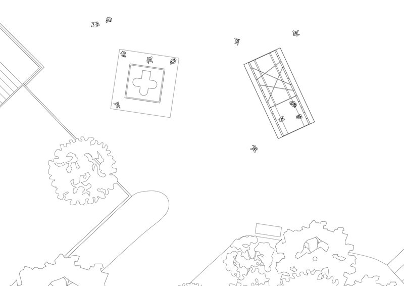 Site plan drawing showing pavilions, pathways, and surrounding buildings with scattered trees