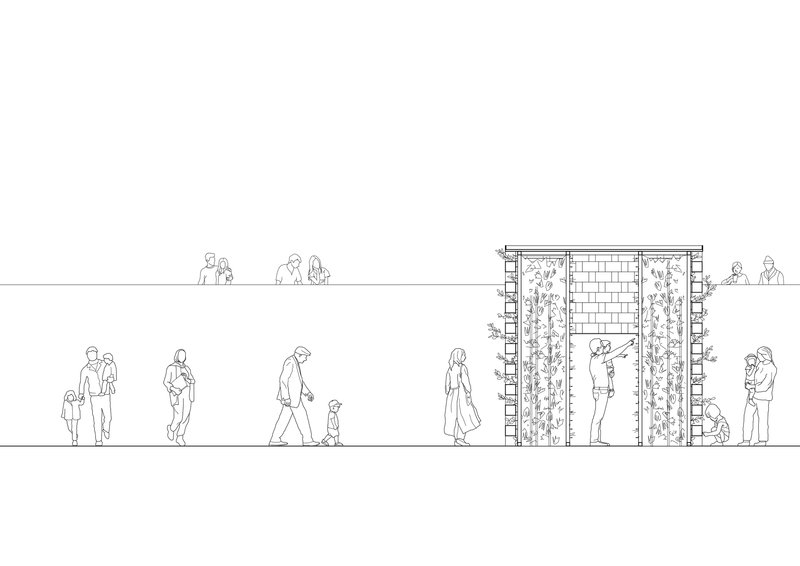 Section drawing showing a block structure with vertical plantings flanking central brick panels and pedestrians at ground level