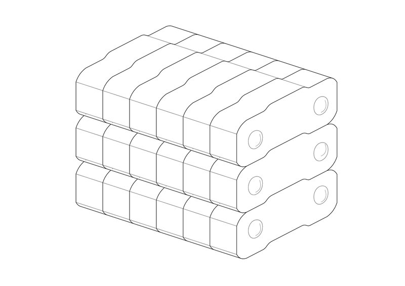 Isometric drawing of stacked cylindrical modules arranged in three rows with circular openings at their ends