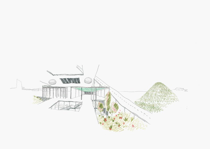 Perspective sketch showing a courtyard with planted slope and column-supported canopy