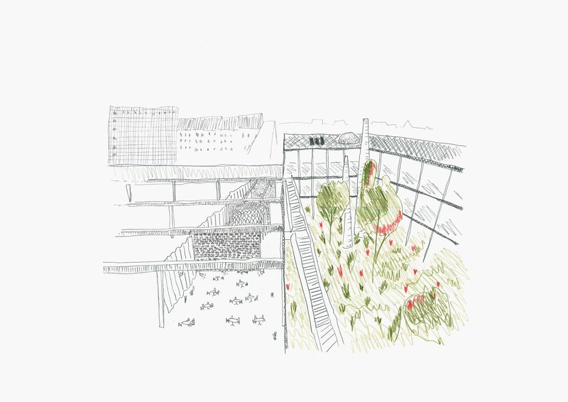 Section sketch depicting interior levels with planted terraces and stairways between exhibition and gathering spaces