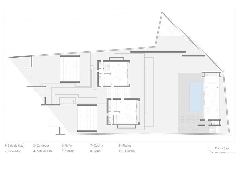 Ground floor plan showing two residential units flanking a central courtyard with pool