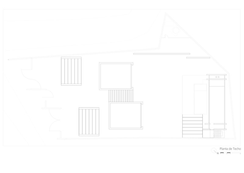 Roof plan drawing depicting flat surfaces, skylights, and stair access points