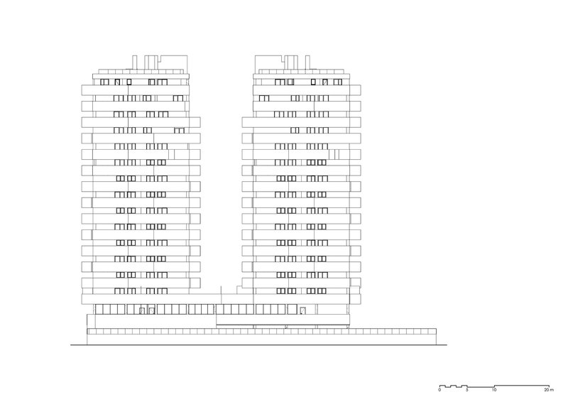 Elevation drawing of two residential towers with projecting balconies and a connecting base podium