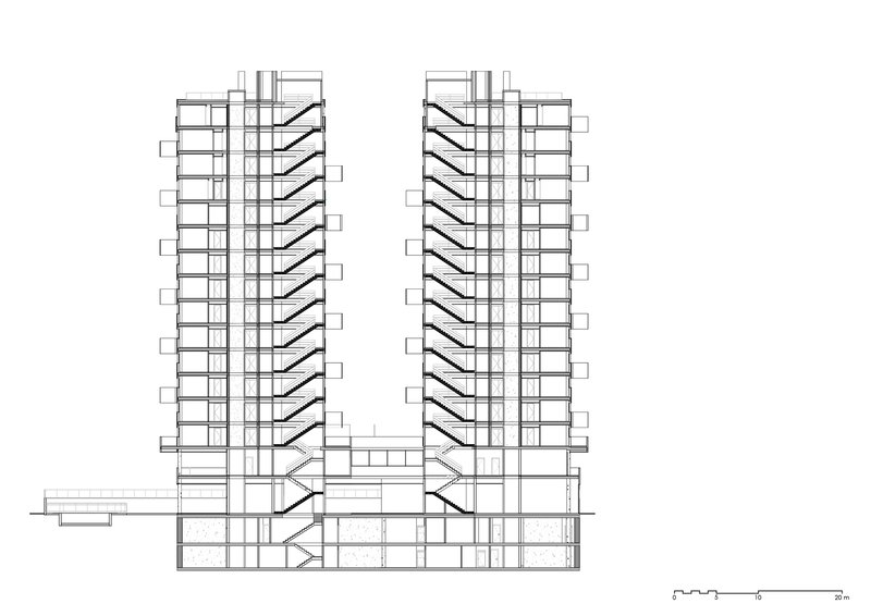 Section drawing showing diagonal bracing within twin towers and their shared connecting base