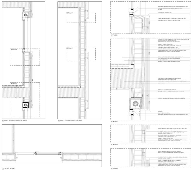 Construction detail drawings showing facade sections with glazing assemblies and thermal insulation layers