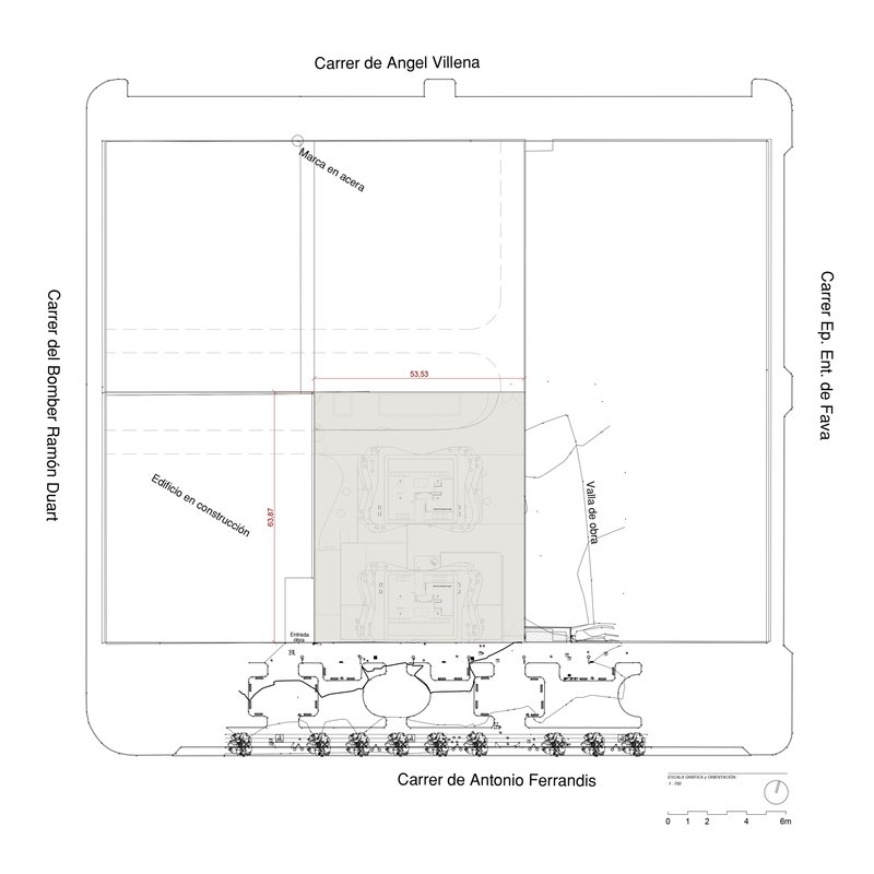 Site plan drawing showing two rectangular volumes within a city block bounded by surrounding streets