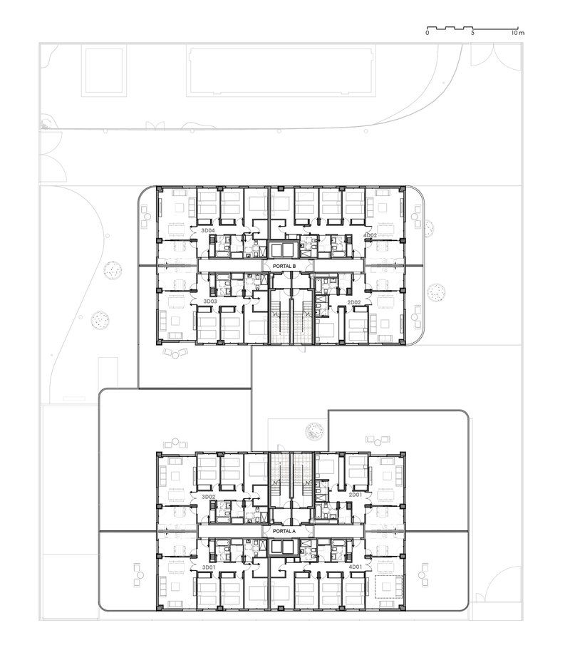 Typical floor plan drawing illustrating two residential blocks with central corridors and repetitive unit layouts