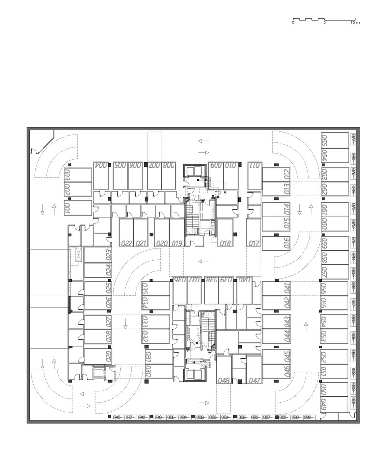 Floor plan drawing showing residential level with numbered units arranged around dual central cores and curved corners