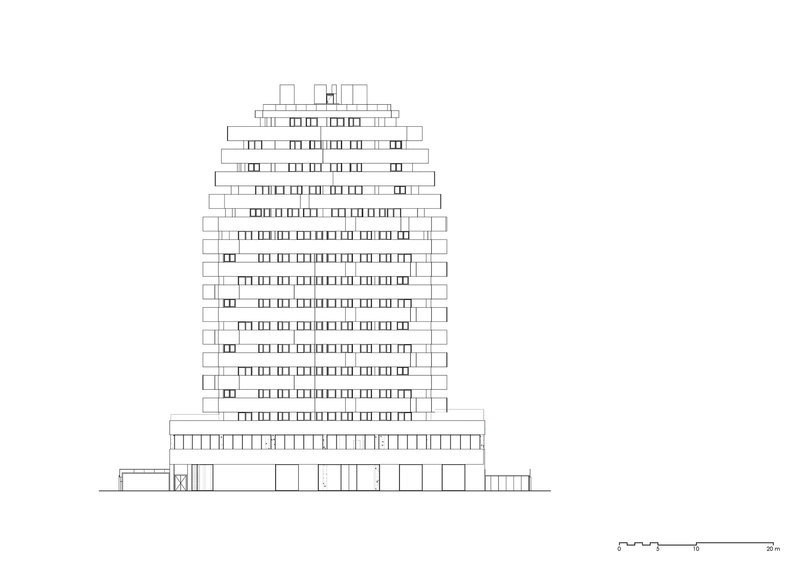 Elevation drawing showing a stepped tower rising from a horizontal base with rhythmic window openings