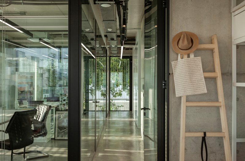 Glass corridor with black steel frames looking toward an interior courtyard with hanging plants