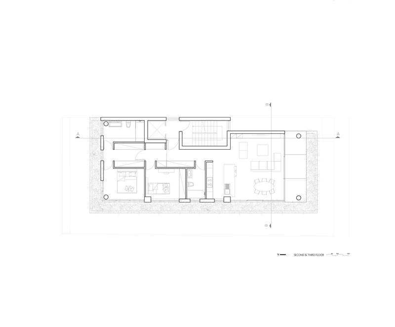 Second and third floor plan drawing showing bedroom suites and living spaces with terraces