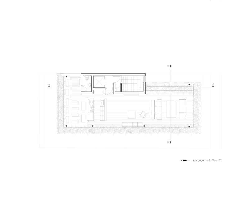 Roof garden plan drawing showing planted perimeter and central outdoor living area