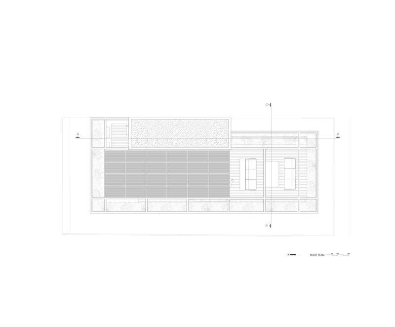 Roof plan drawing showing linear striped surfacing with skylights and access openings