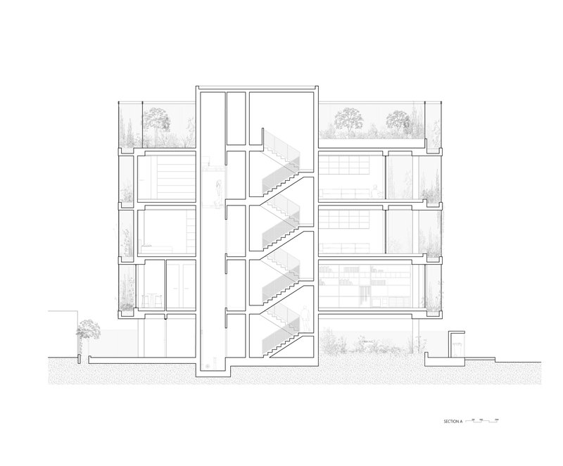 Section drawing showing four-story structure with central staircase and surrounding trees