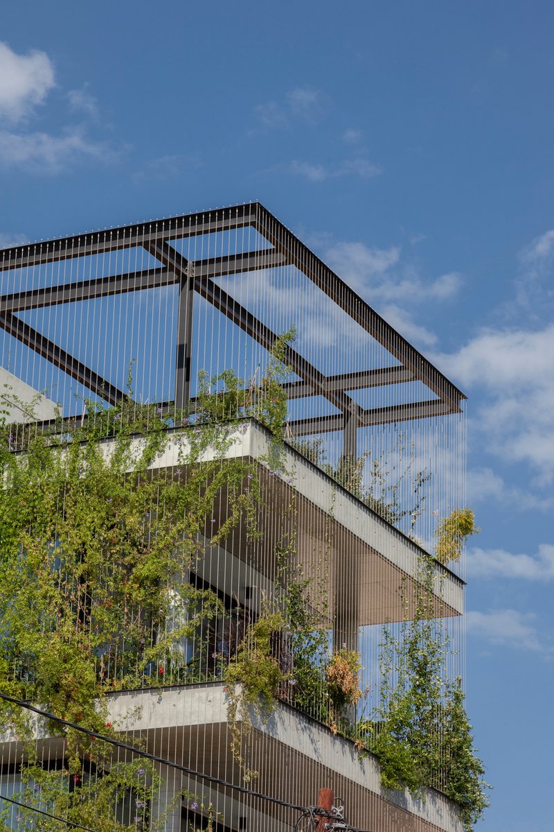 Stepped concrete terraces with planted vegetation behind vertical steel fins and a rooftop pergola frame